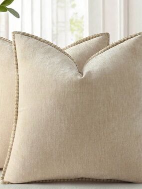 Set of 2 Cream Square Accent Pillow Cover with Decorative Stitching!